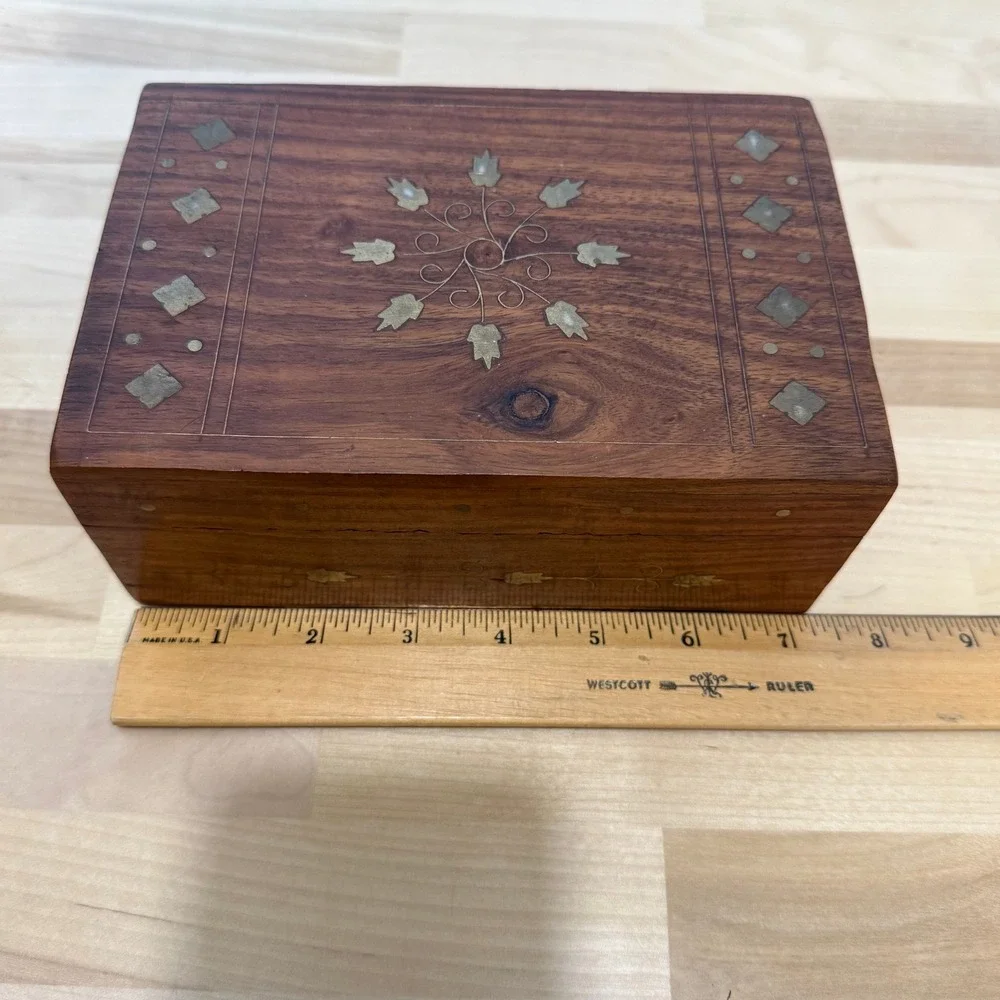 Vintage Wooden Brass Inlaid Boho Hinged Velvet Lined Trinket Boxes Lot of 2